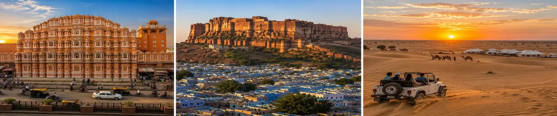 Jaipur Jodhpur Jaisalmer Tour Package featuring Sam Sand Dunes Desert Safari, camel safari and luxury desert camp experience.